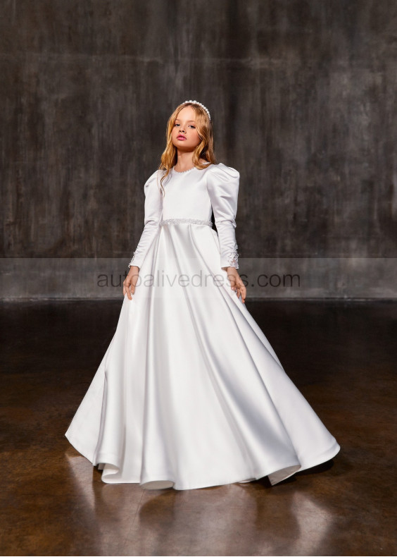 Beaded White Lace Satin Flower Girl Dress With Pockets Beaded White Lace Satin Flower Girl Dress With Pockets